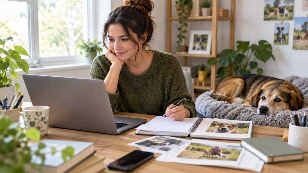 Animal-care applicant preparing a resume beside evidence of supervised dog-shelter volunteering