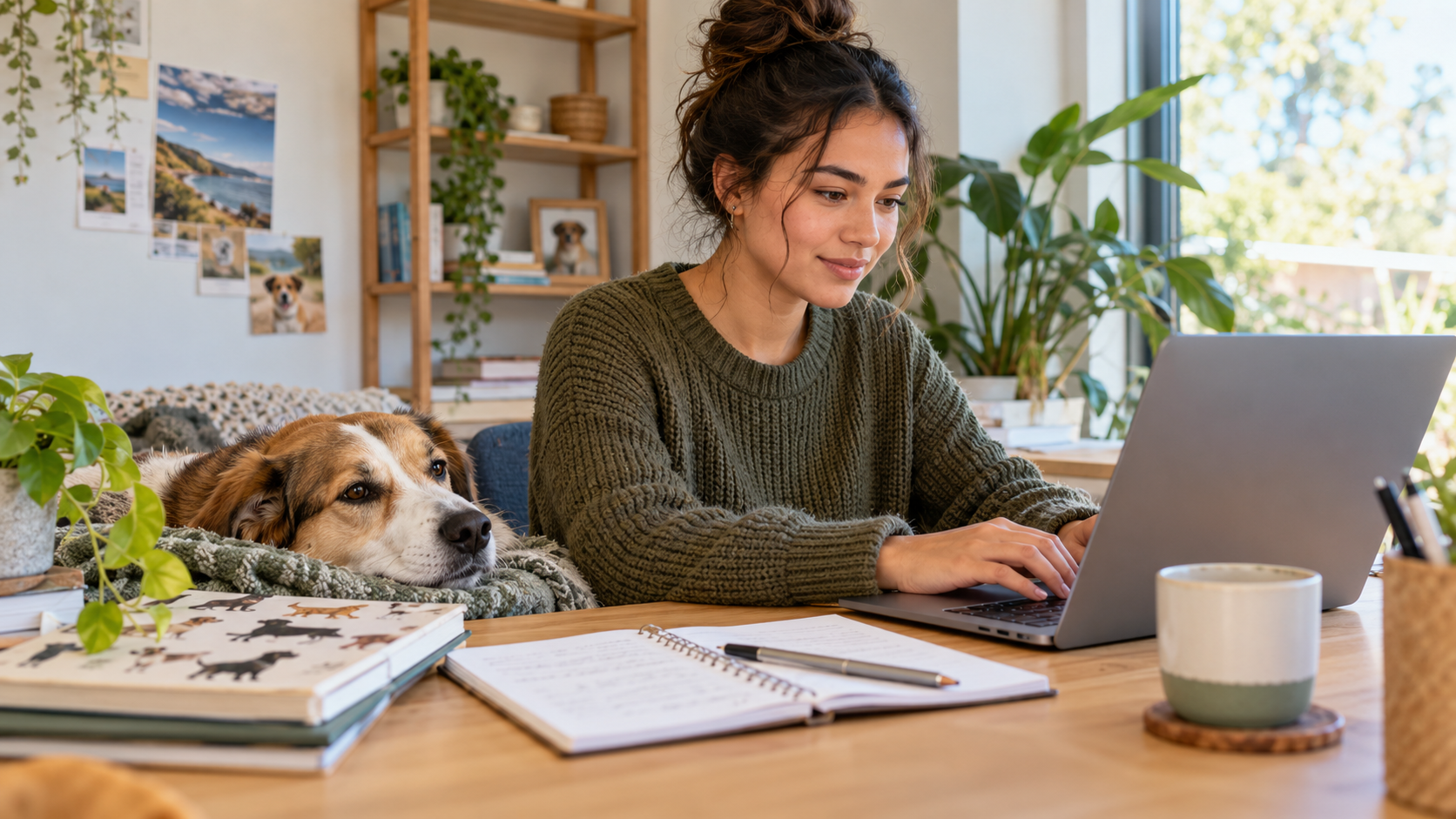 Applicant preparing an animal care cover letter on a laptop beside a calm dog