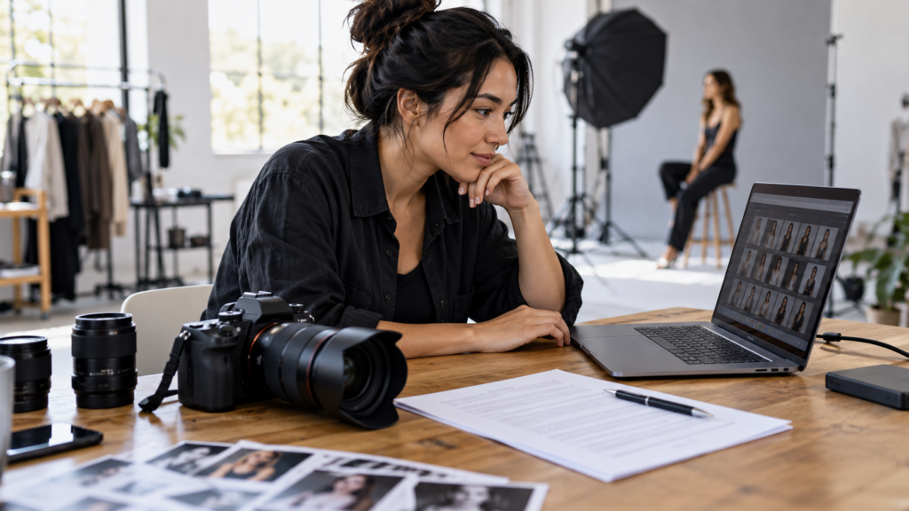 Photography copyright Australia workflow with a professional photographer reviewing images, camera equipment and a usage agreement