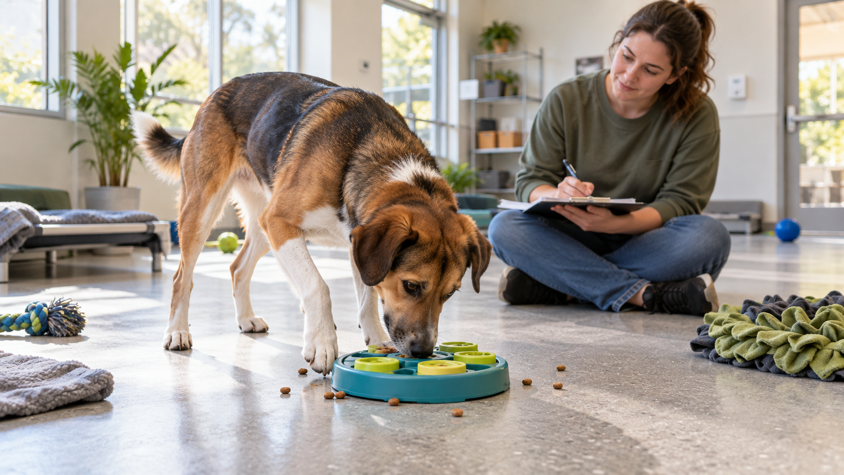 Animal enrichment activity: dog using a food puzzle while an animal care worker observes