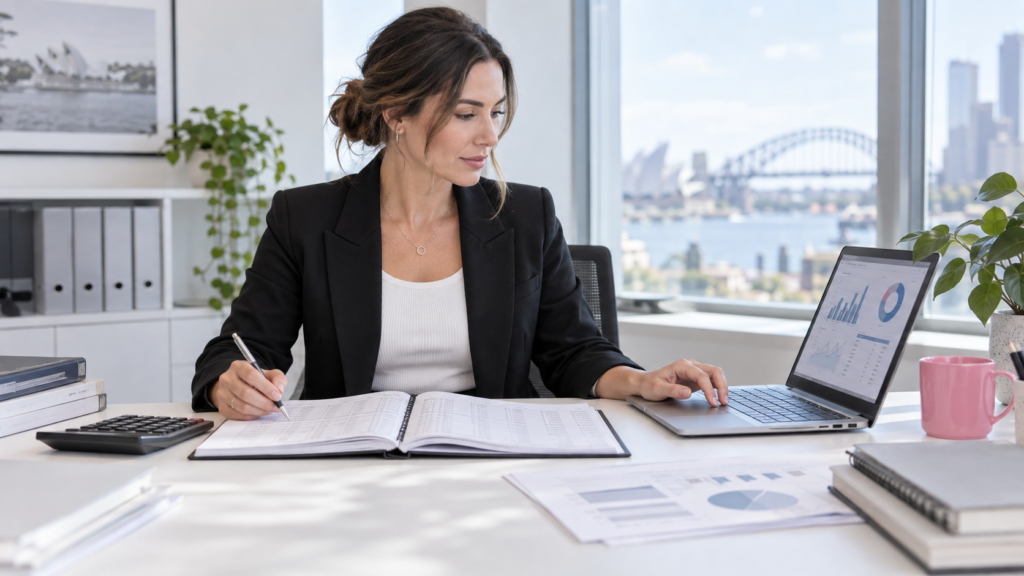 Australian finance professional comparing bookkeeping records with accounting reports in a Sydney office