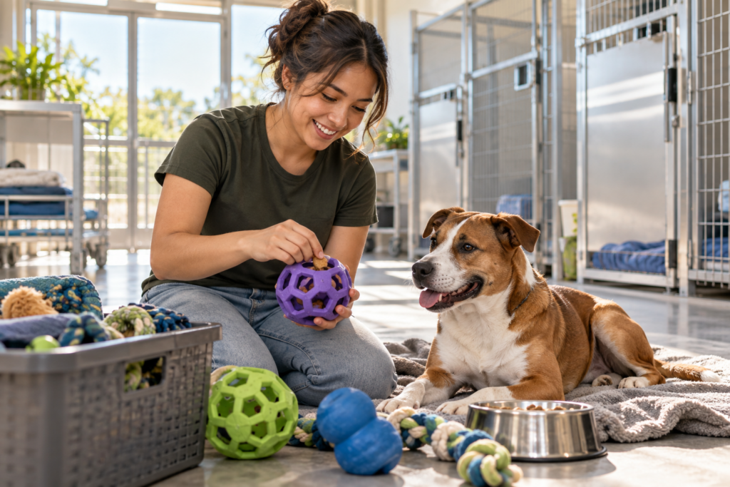 Animal care worker preparing enrichment beside a rescue dog in an Australian shelter
