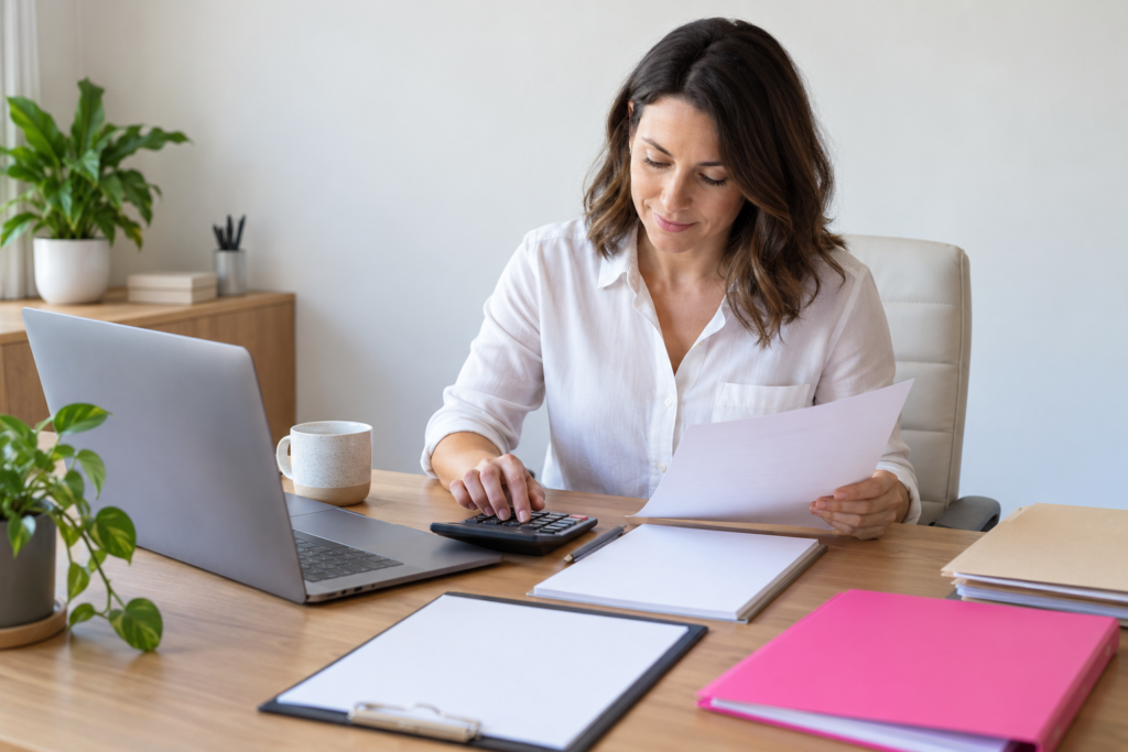 Australian bookkeeper reviewing business records in an organised home office
