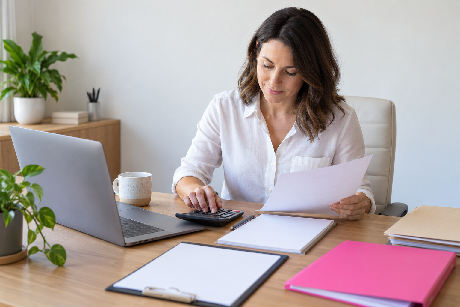 Australian bookkeeper reviewing business records in an organised home office