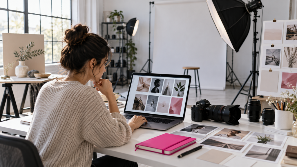 Beginner photographer selecting images for a professional portfolio in a studio