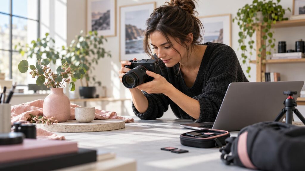 Beginner photographer learning mirrorless camera controls beside a studio still-life setup