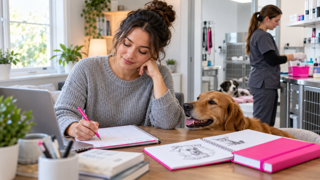 Aspiring vet assistant planning study beside a calm dog and animal-care workplace