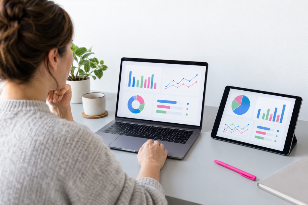 Learner comparing two cloud accounting dashboards on a laptop and tablet