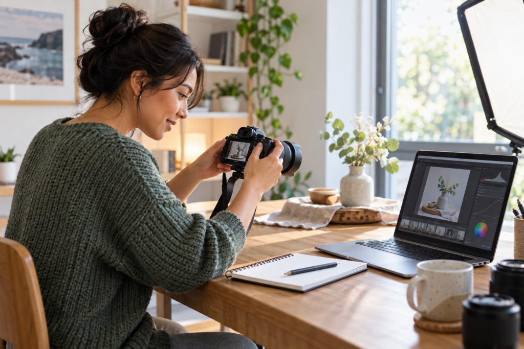 Student completing an online photography course and practising camera controls at home