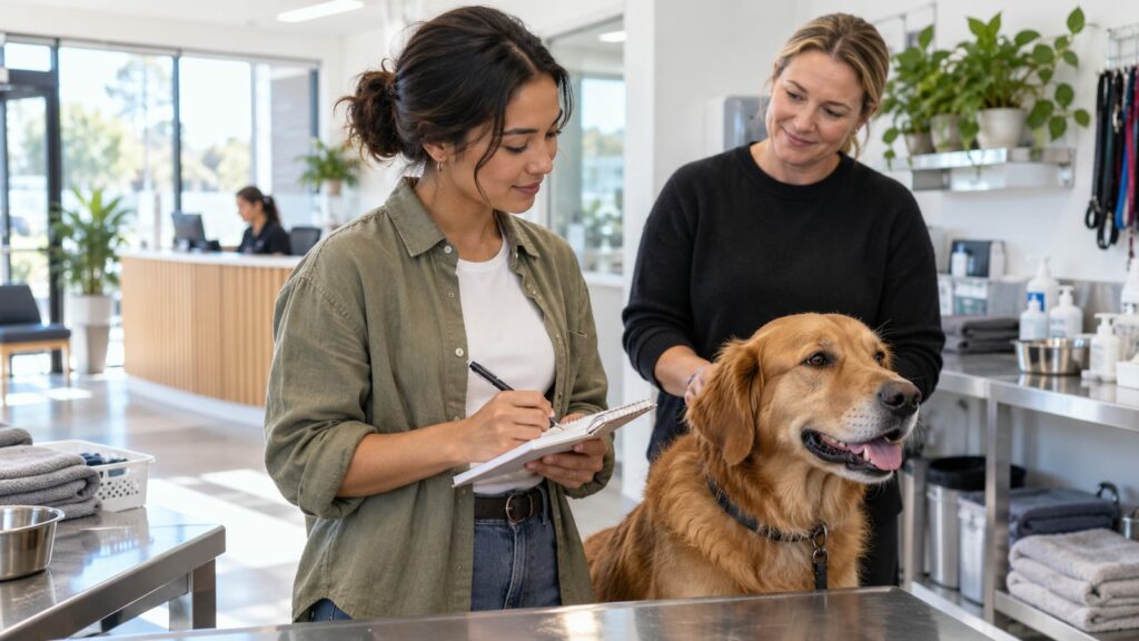Beginner learner observing safe animal-care routines with a calm dog and workplace supervisor