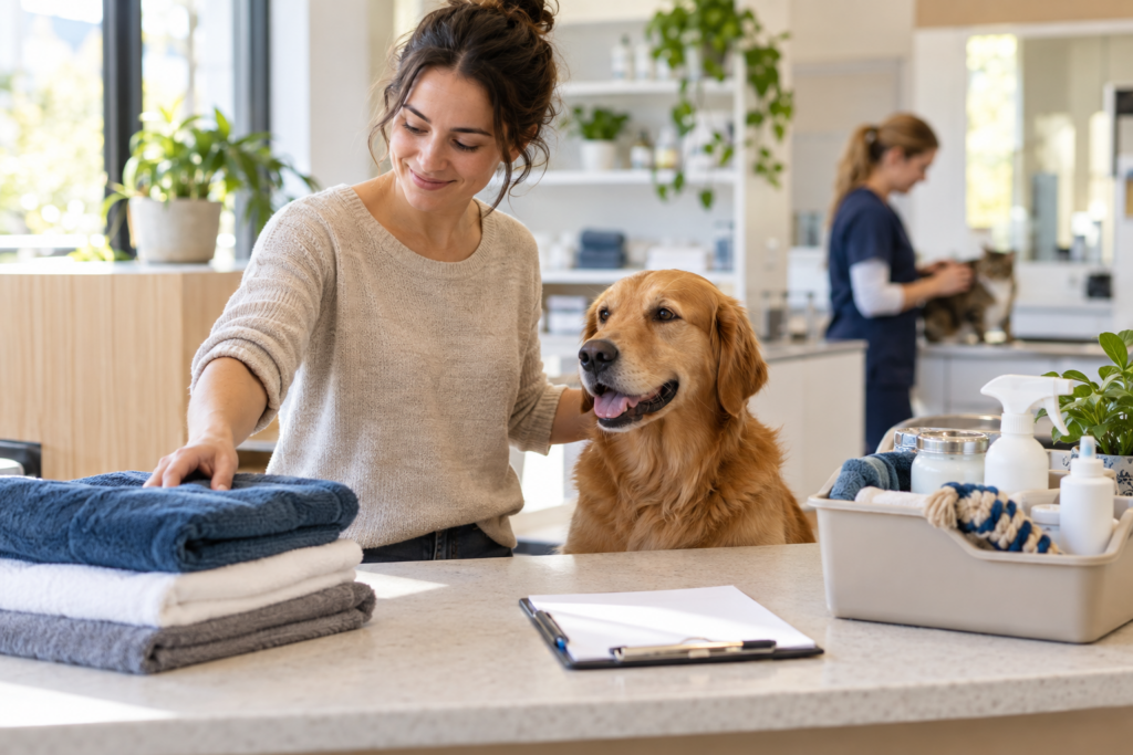 Vet assistant skills in practice while organising clinic supplies beside a calm dog