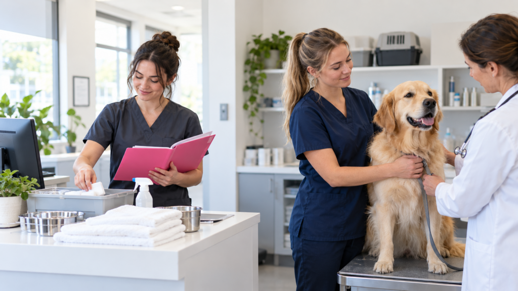 Vet assistant preparing clinic supplies while a veterinary nurse supports a calm dog