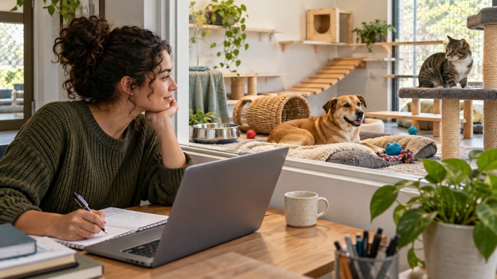 Animal welfare learner observing a calm rescue dog and cat in an enriched care environment